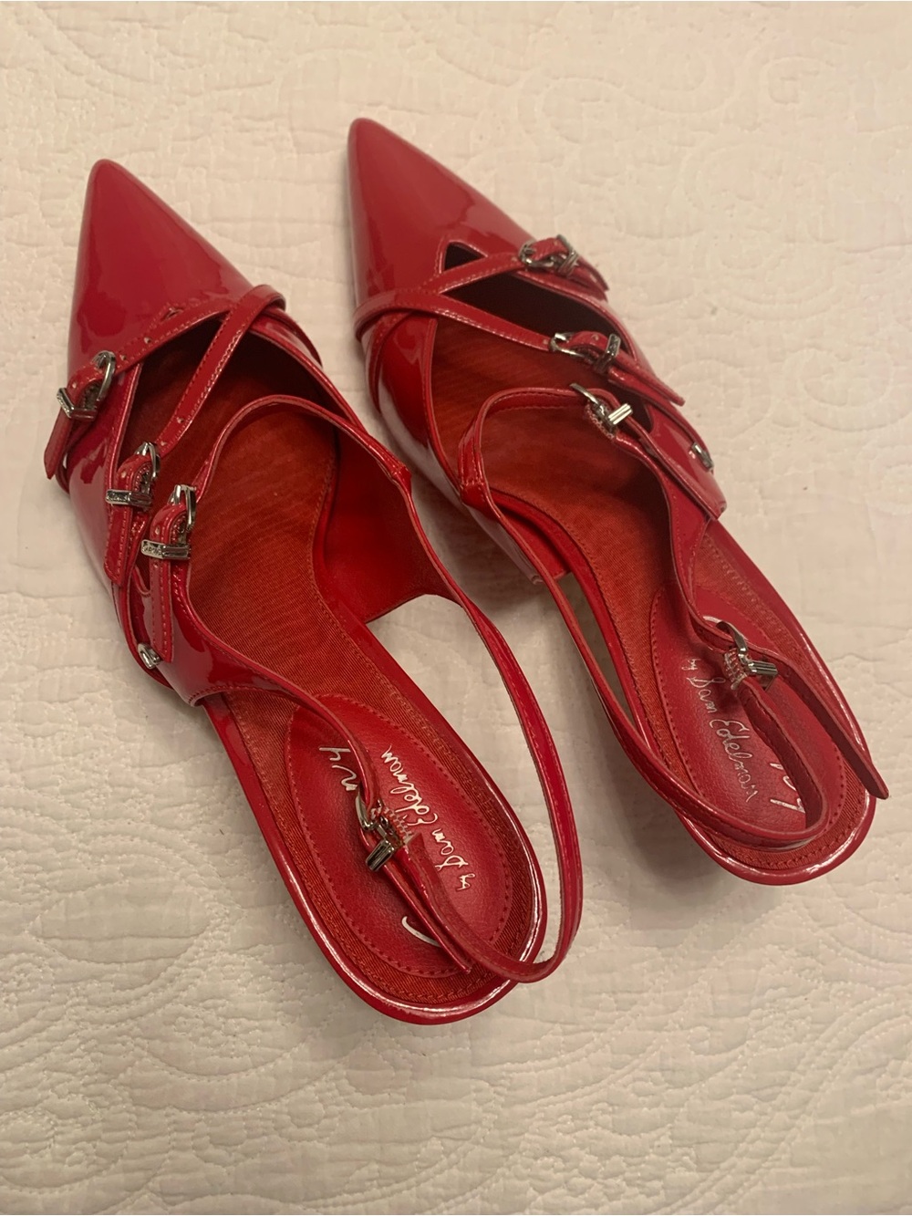 Sam Edelman Red Patent Pointed Slingback Flats with Buckle Straps